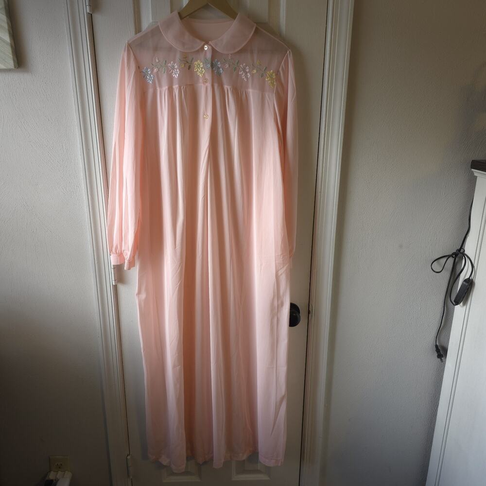 Artemis Vintage Long Nightgown Pink Collared 3 Button Sheer‎ Floral Size 38